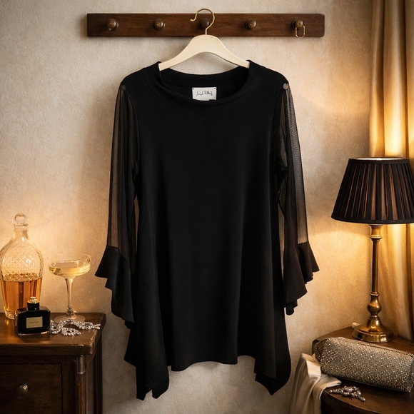 Joseph Ribkoff Tops - Joseph Ribkoff Black Sheer Bell Sleeve Tunic Top Size 14 Made Canada